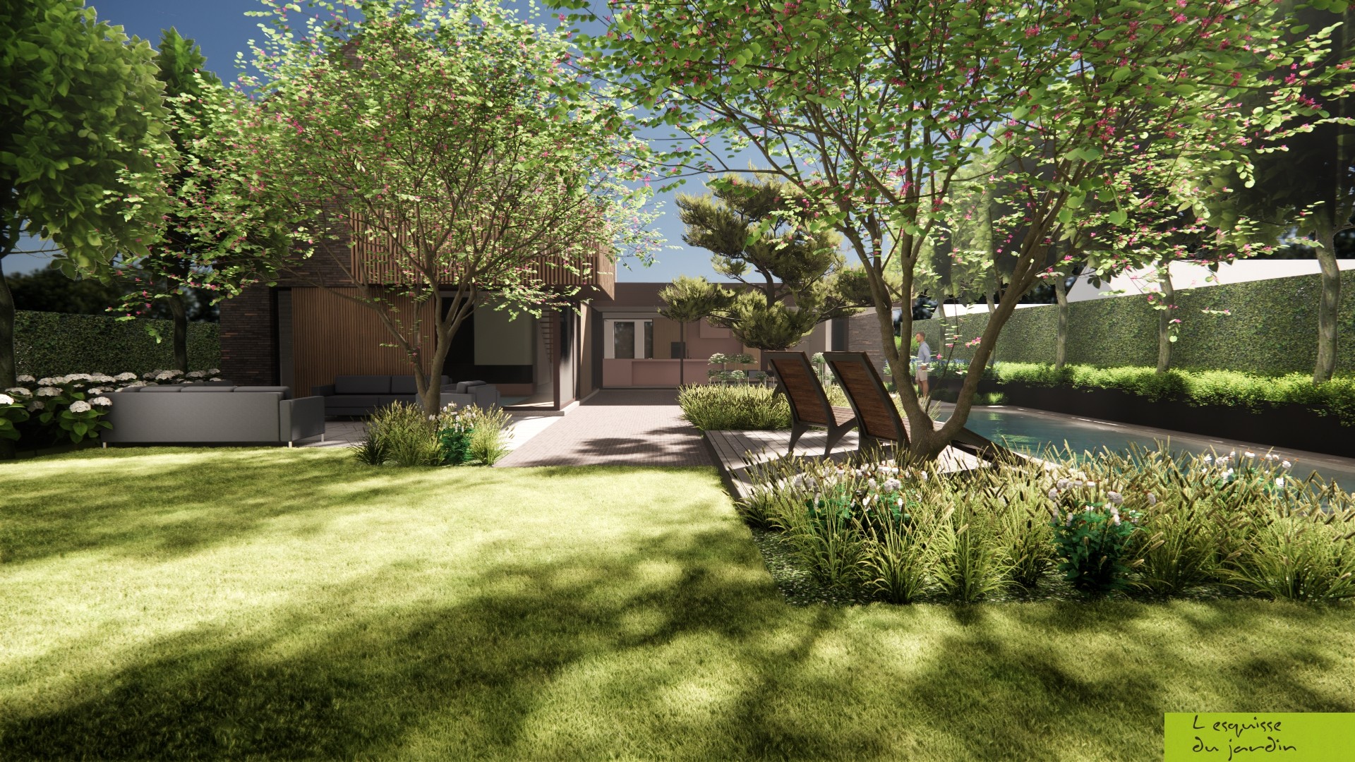 Jardin paysagiste avec piscine à Rendeux